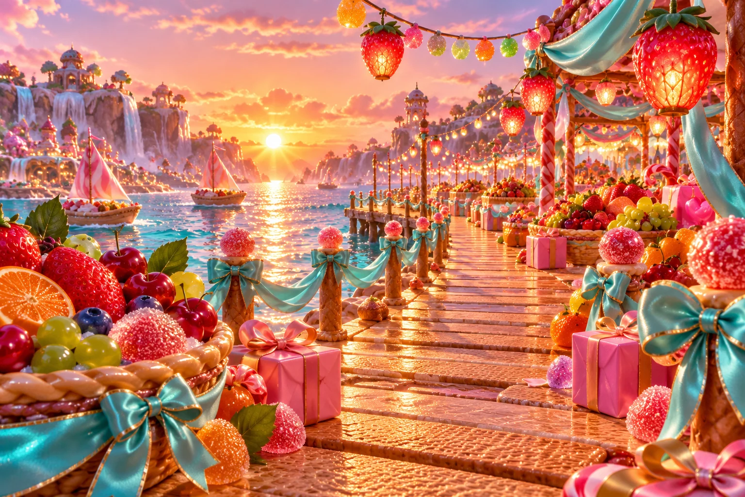 Festival jetty in Sovemika's illustrated fruit and confectionery world